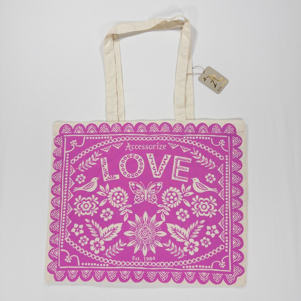 NWT Accessorize Pink Love Folk Floral Cotton Tote Bag Reusable Shopper Boho - Picture 2 of 14